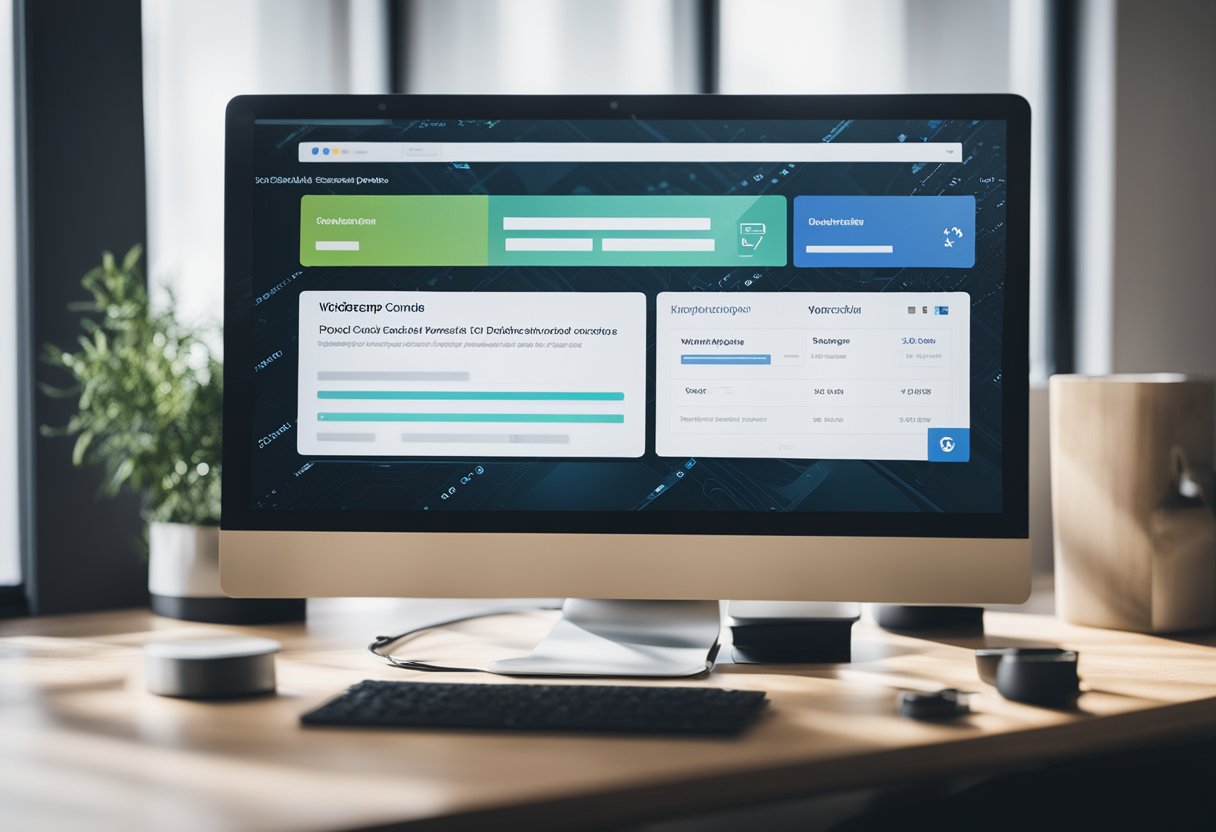 A computer displaying a WordPress dashboard with a sitemap plugin open. A browser window shows the Google Search Console website with the sitemap submission page visible