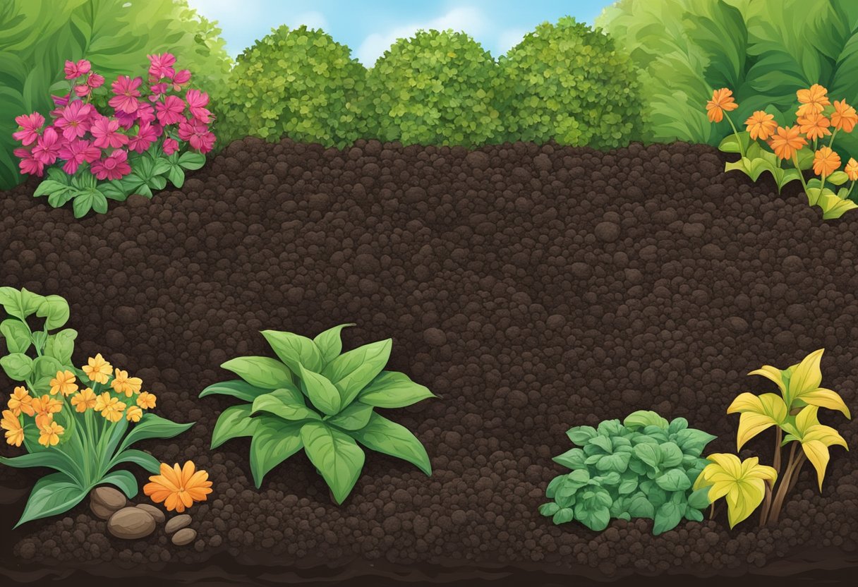 Rich, dark compost spread under garden plants. Nutrient-rich, moisture-retaining mulch. Visible plant growth and healthy soil