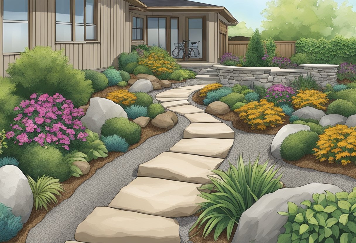 A garden with mulch and rock landscaping, with neatly arranged pathways and strategically placed plants for low-maintenance care