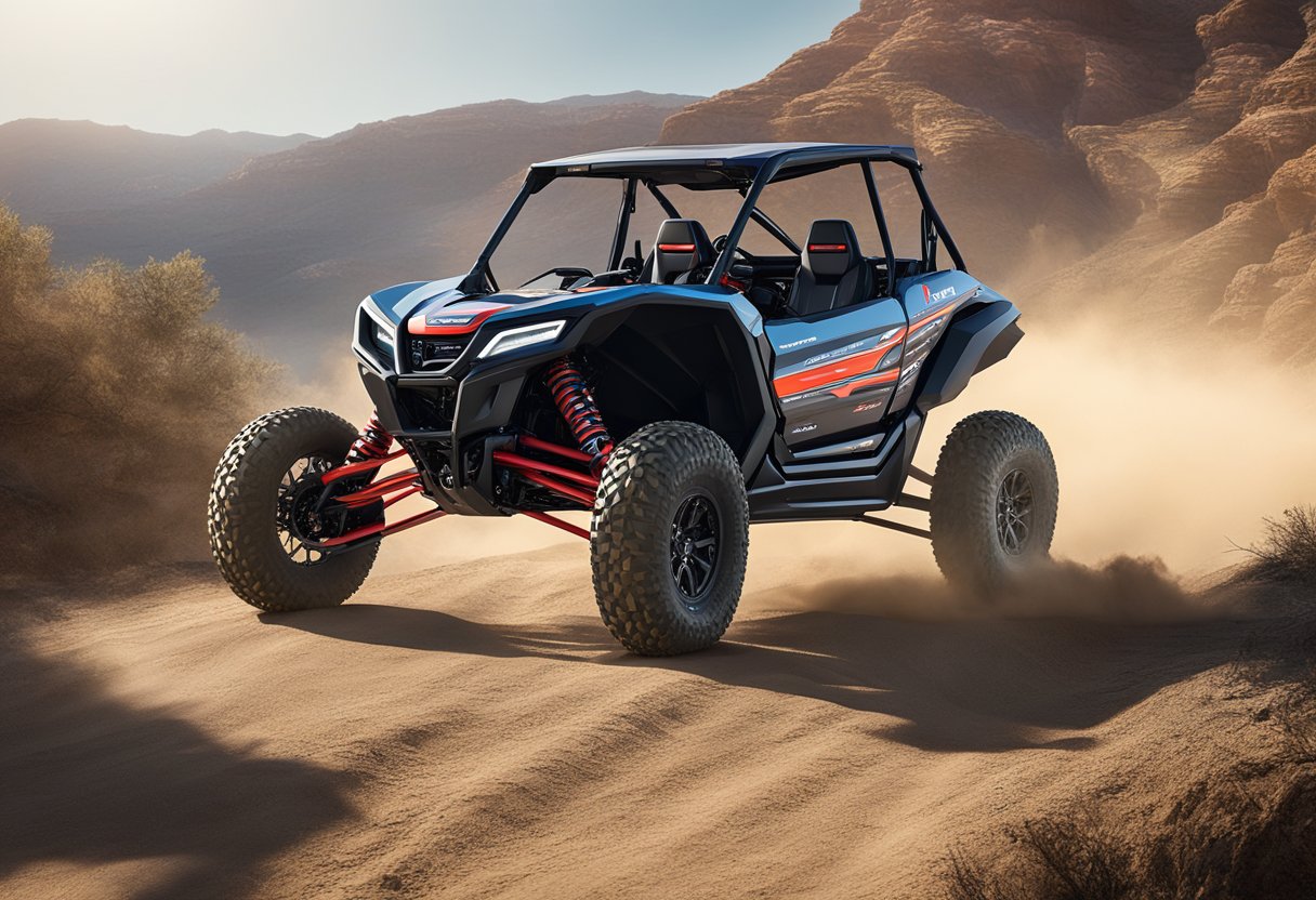 The 2023 Honda Talon S model stands on a rugged, off-road trail with dust kicking up behind it. The sun shines down, highlighting the sleek, sporty design and powerful performance of the vehicle