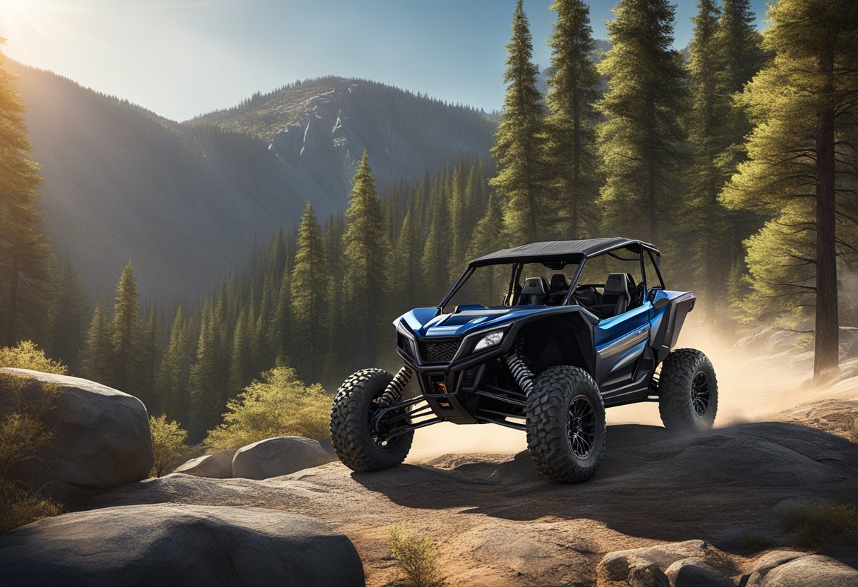 A 2023 Honda Talon S model sits on a rocky trail, surrounded by rugged terrain and tall trees. The sun shines overhead, casting shadows on the vehicle's sleek design