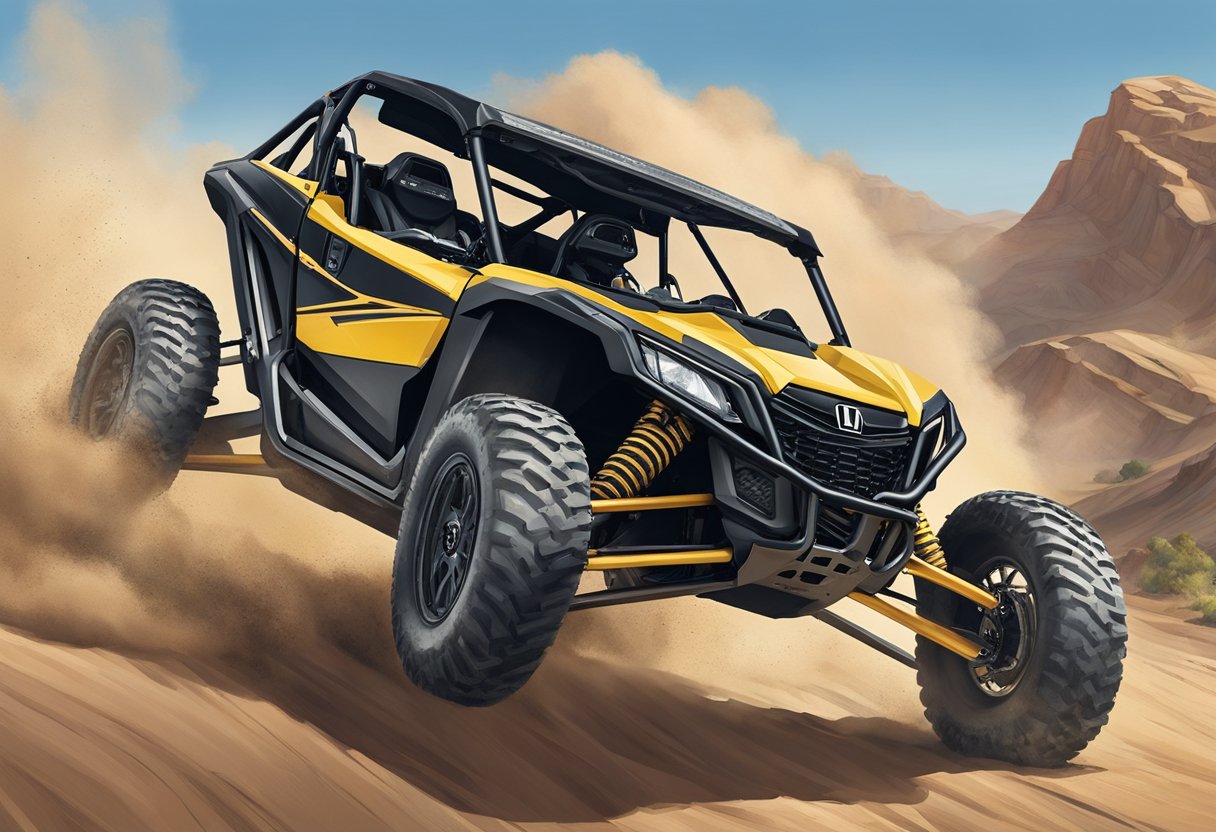 A Honda Talon S model drives through rugged terrain, showcasing its powerful suspension and agile handling. Dust kicks up behind the vehicle as it conquers obstacles with ease