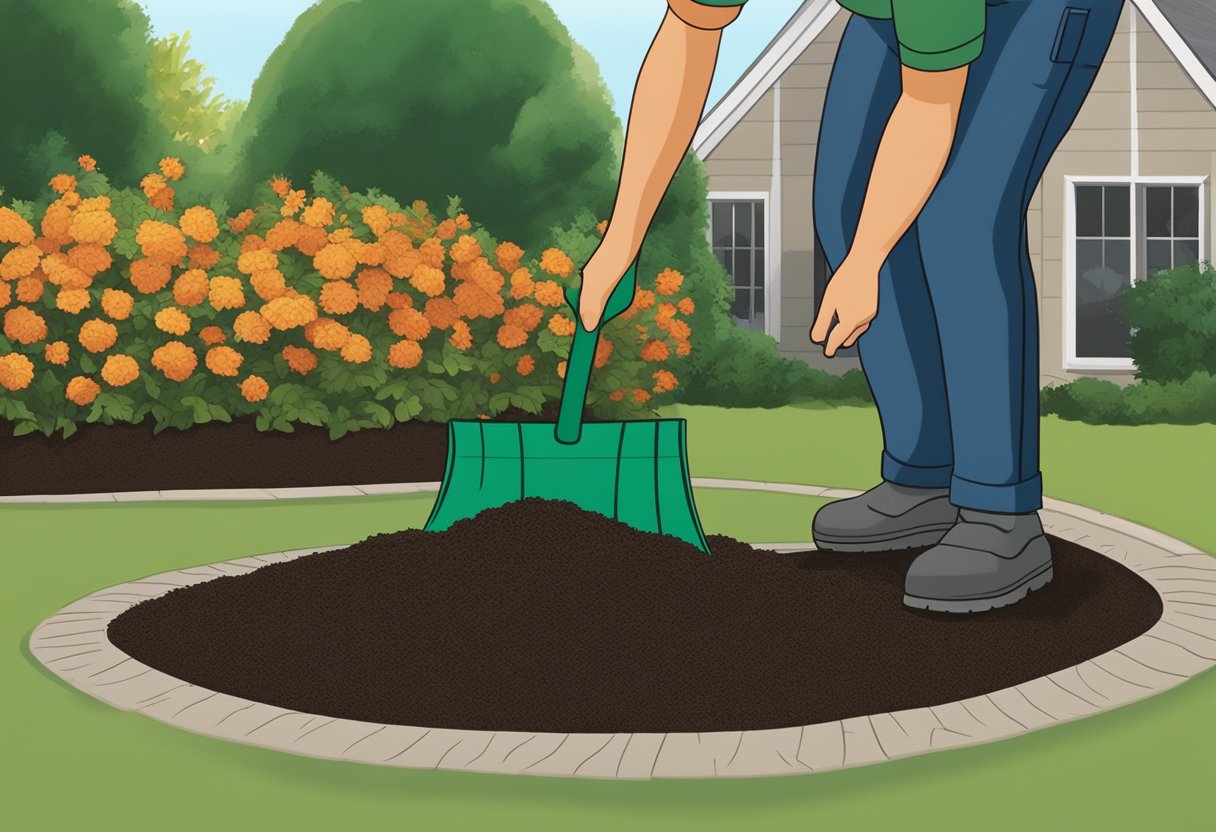 A bag of Scotts mulch is being spread around a garden bed by a person using a shovel. The mulch is being evenly distributed and smoothed out to create a neat and tidy appearance