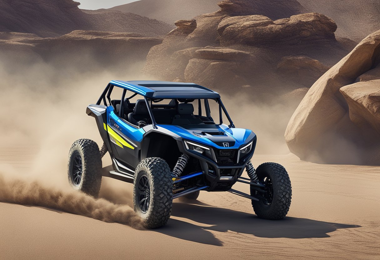 A 2023 Honda Talon S model parked in a rugged off-road terrain, with dust and dirt kicked up around it. The vehicle's sleek design and powerful stance are highlighted in the scene
