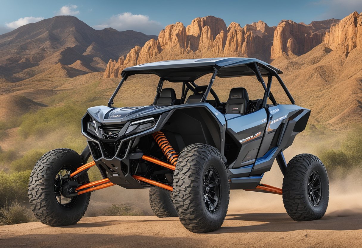 The 2023 Honda Talon S model sits on a rugged terrain, with its sleek design and powerful features highlighted. The vehicle exudes confidence and capability, ready for any competitive challenge