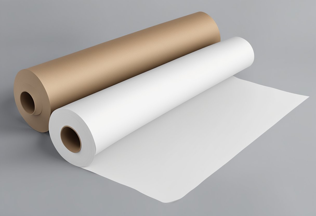 A roll of butcher paper lies on a clean, flat surface. A sublimation design sits nearby, ready to be transferred onto the paper