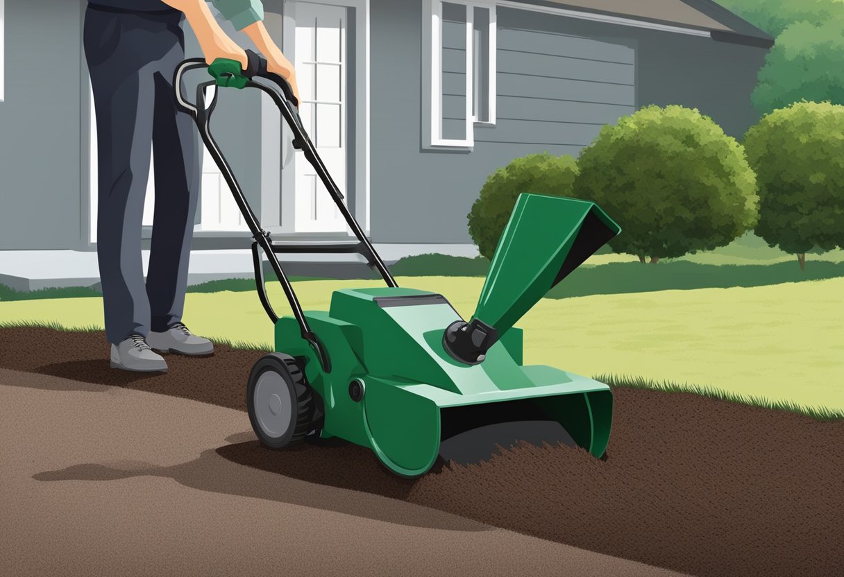 The mulch blower expels shredded material through a high-powered nozzle, spreading it evenly across the ground in a swirling motion
