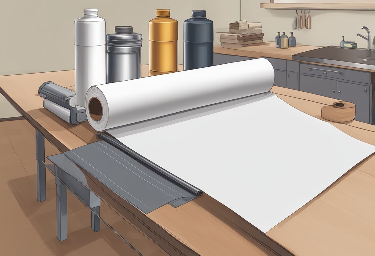 A roll of butcher paper unfurls on a table, ready for sublimation. Heat press and sublimation ink bottles sit nearby