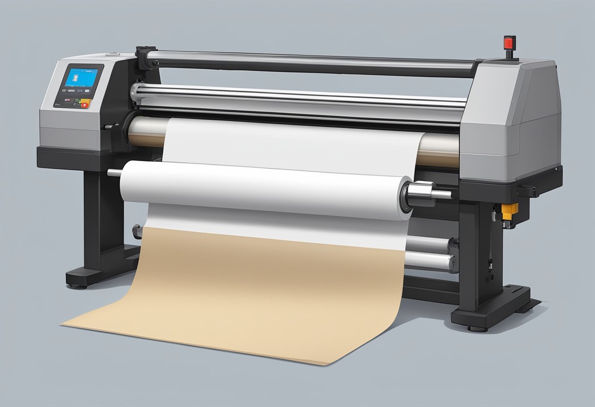 A roll of butcher paper unfurls on a sublimation heat press. A sublimation transfer is positioned on top, ready to be pressed onto the paper