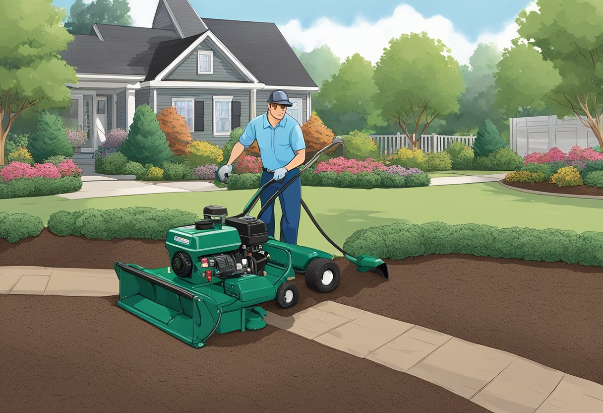 A mulch blower sprays shredded mulch onto a garden bed, creating a thick, even layer. The machine's powerful fan propels the mulch through a hose, allowing for precise application and efficient coverage