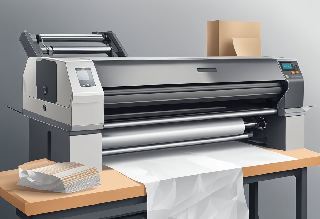 Butcher paper unrolled on a clean, flat surface. Sublimation printer and heat press nearby. Paper being cut to size and placed on substrate for printing