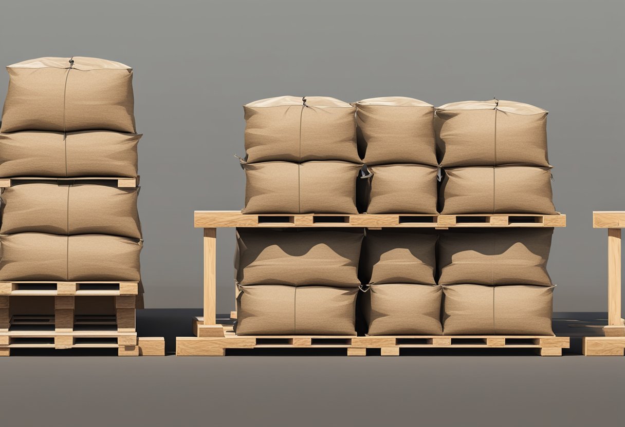 A pallet stacked with bags of mulch, each bag neatly arranged in rows, with the total quantity clearly visible
