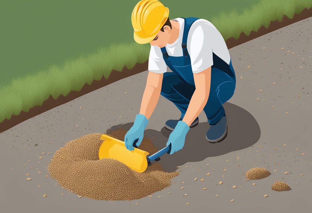 A worker spreads mulch glue on gravel