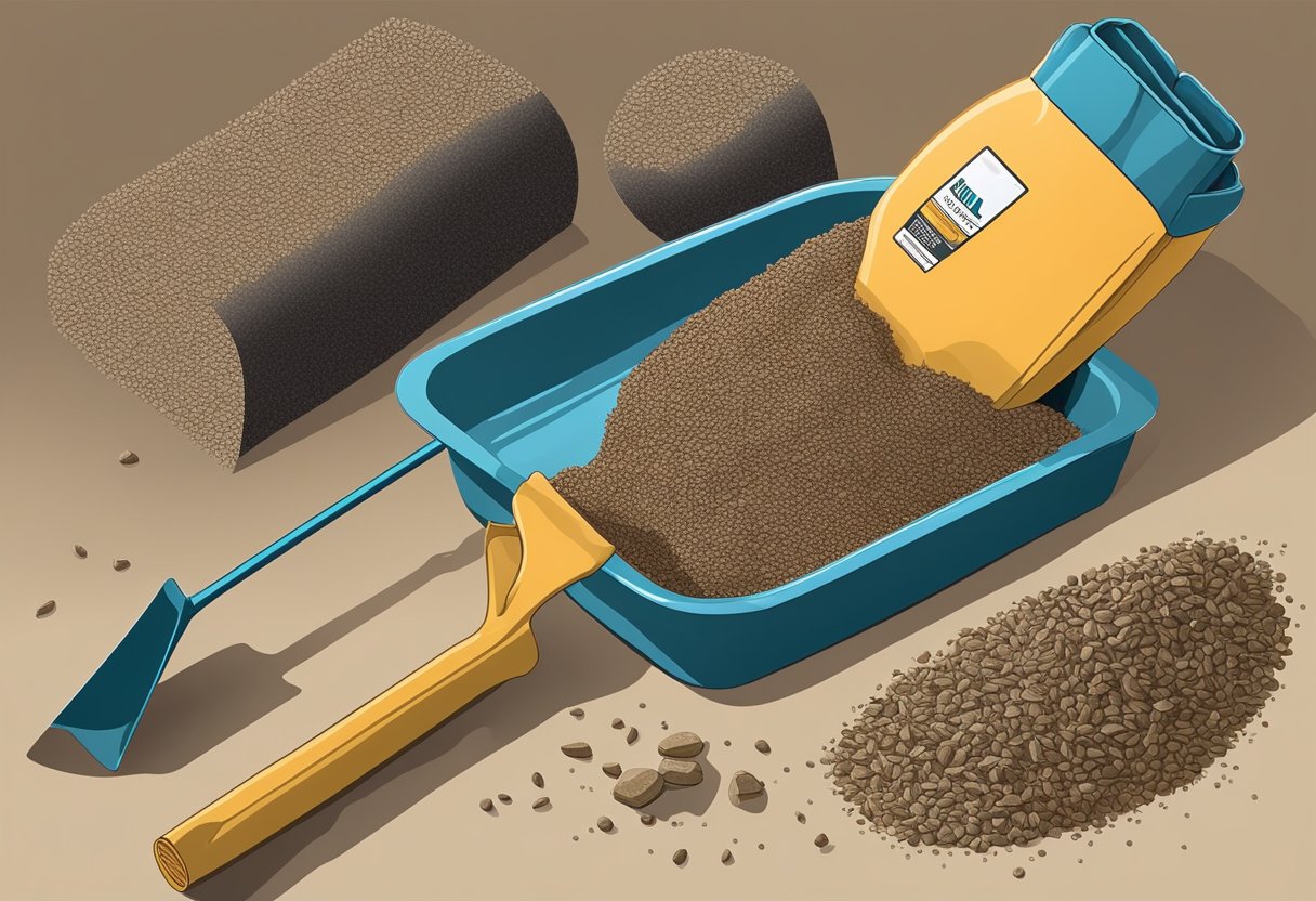 A hand holding a bottle of mulch glue, a shovel, and a pile of gravel ready for application