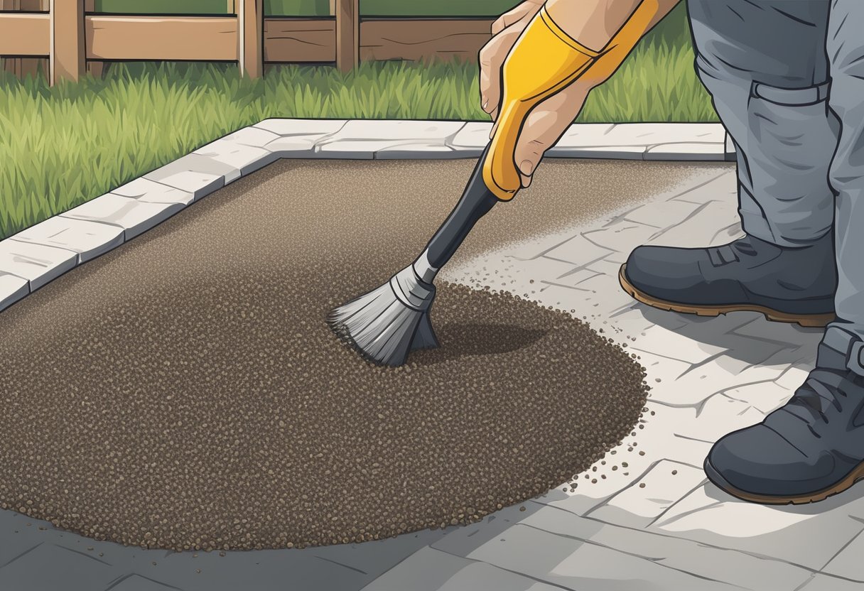 A person applying mulch glue to gravel using a brush, ensuring even coverage for best results