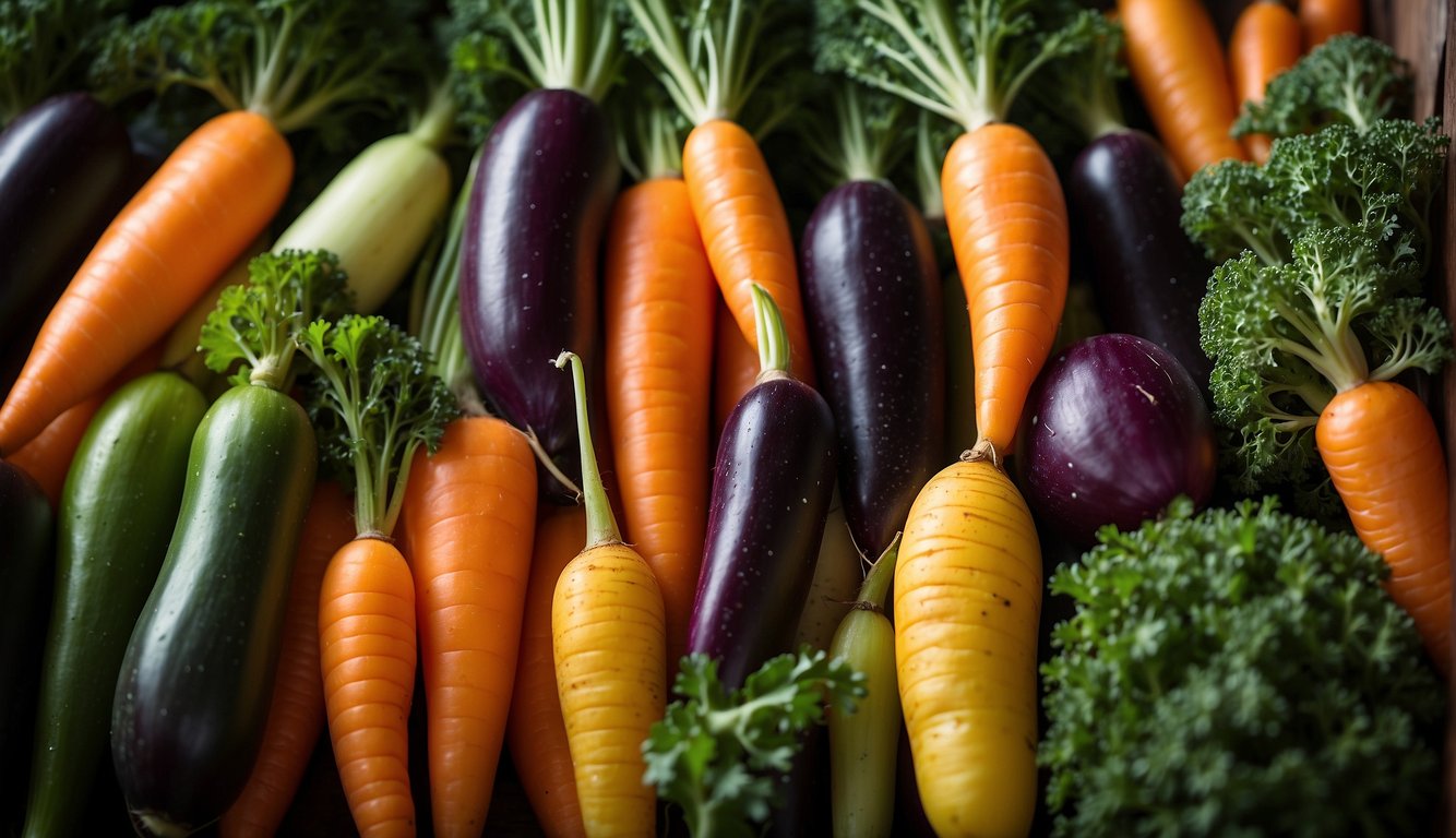 A variety of odd-shaped and colorful vegetables are arranged in neat rows, including knobby carrots, striped eggplants, and curly kale