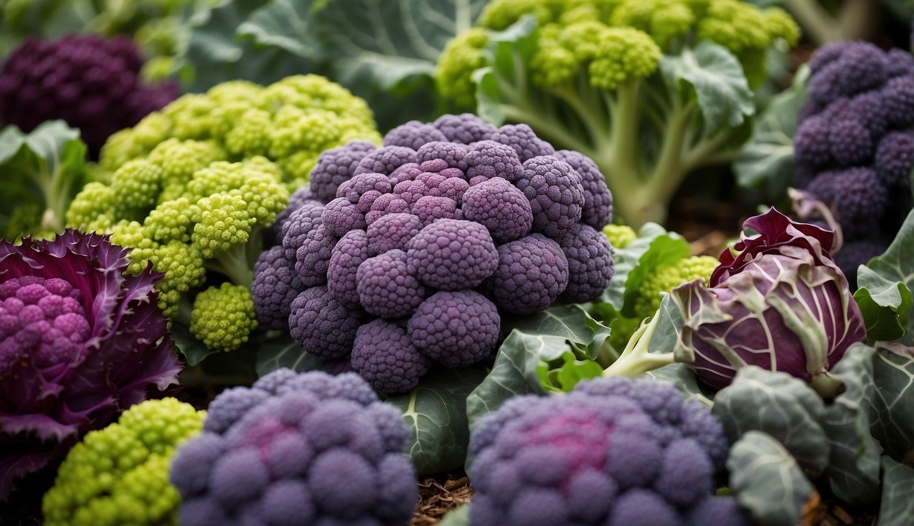 A garden with colorful and oddly shaped vegetables like purple cauliflower, striped beets, and spikey romanesco broccoli