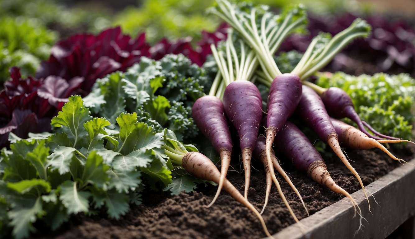A variety of unusual vegetables like purple carrots, striped beets, and curly kale, growing in a vibrant garden setting