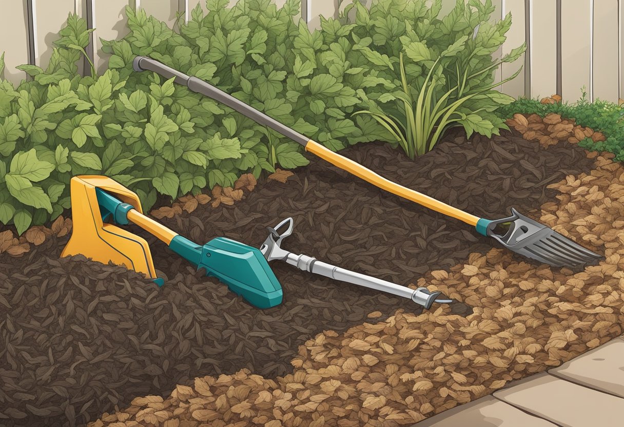 Mulch covering garden beds, weeds dying underneath. Tools nearby for targeted weed management