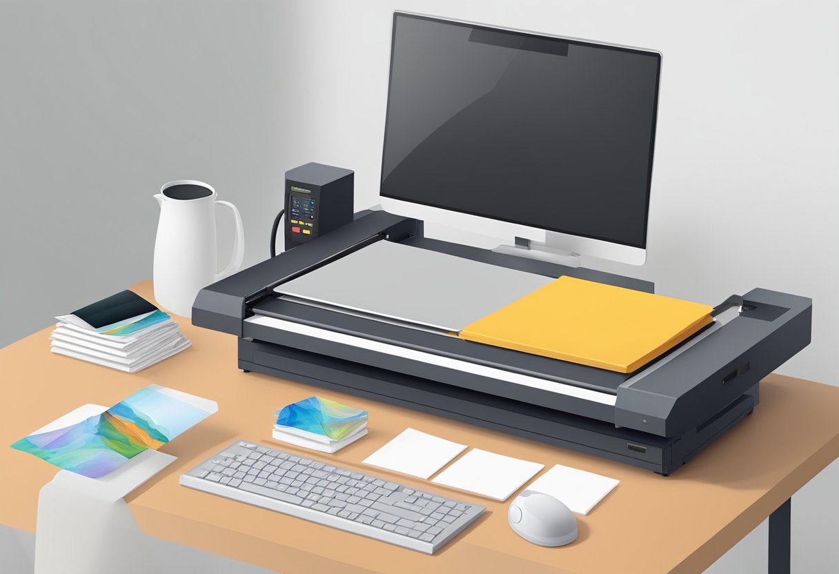A table with a heat press, sublimation paper, and blank items ready for sublimation. A computer with design software and a printer for transferring designs onto the paper