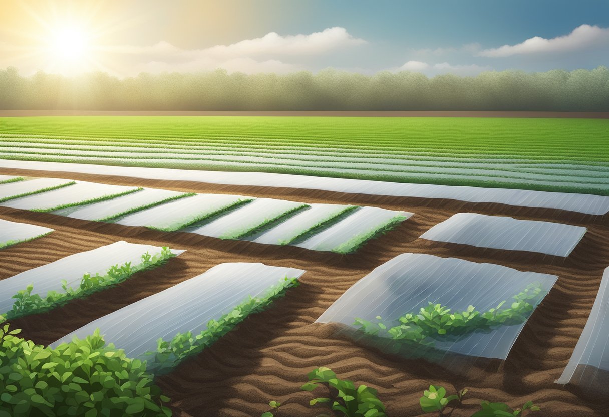 A field of crops covered in plastic mulch, with sunlight reflecting off the shiny surface, protecting the soil and retaining moisture