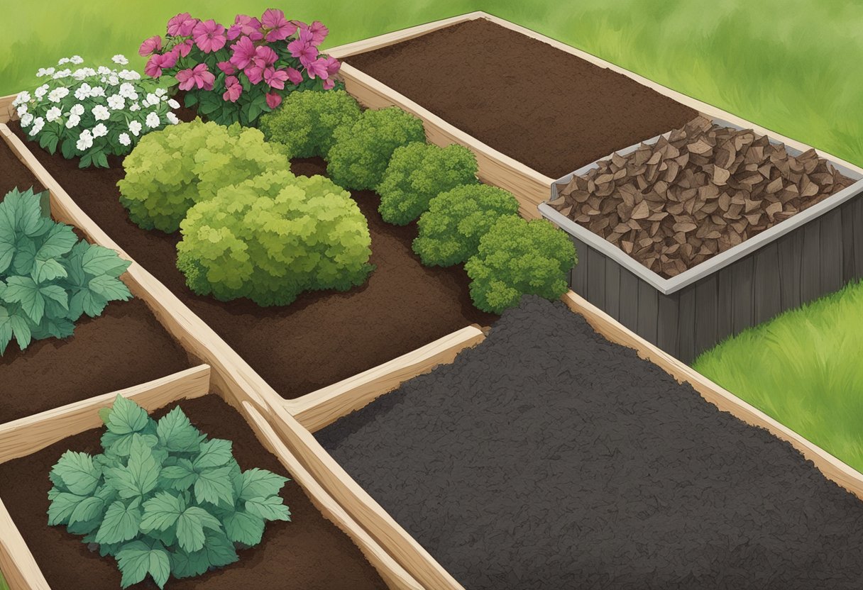 A garden bed with various types of mulch layered to show effective weed control. Different mulch materials like wood chips, straw, and newspaper are spread evenly across the soil
