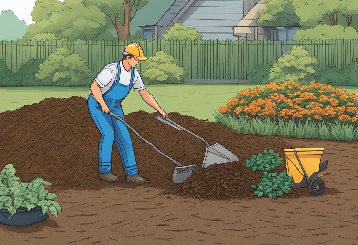 A gardener spreads a thick layer of mulch over the soil, ensuring complete coverage to suppress weeds. Various mulch materials are visible, such as straw, wood chips, and shredded leaves