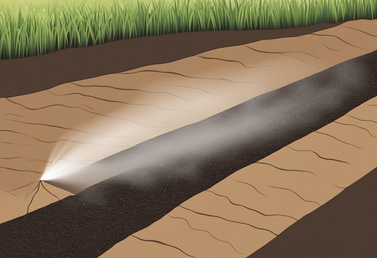 A hose sprays a mixture of wood fibers, water, and tackifiers onto bare soil, creating a protective layer called hydro mulch