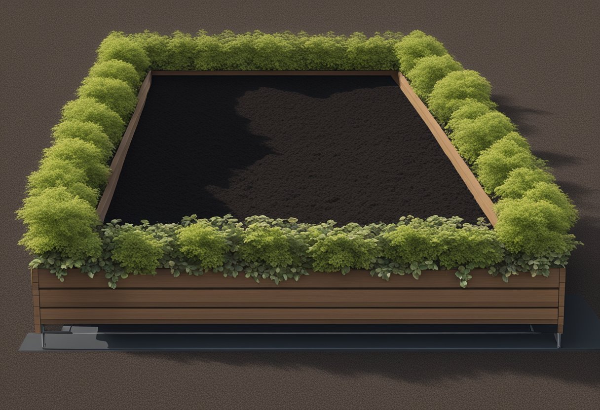 A garden bed split in half, one side covered in black mulch, the other in brown. The contrast is stark, with the black mulch appearing darker and richer compared to the lighter, earthy tones of the brown mulch