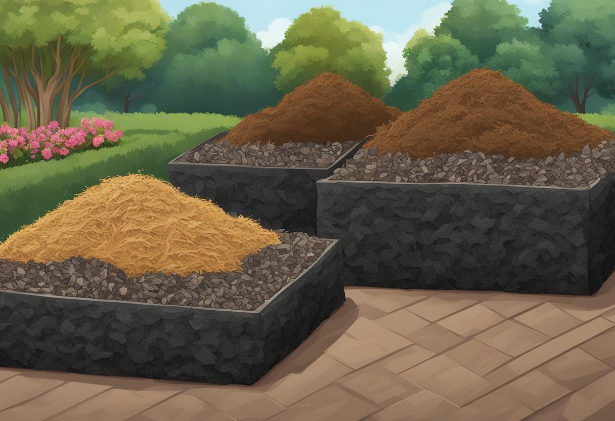 A garden with two separate piles of mulch, one black and one brown, each showing their distinct characteristics in texture and color