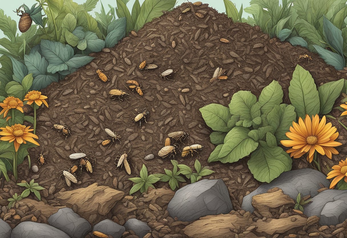 A pile of mulch sits in a garden, teeming with crawling bugs and insects