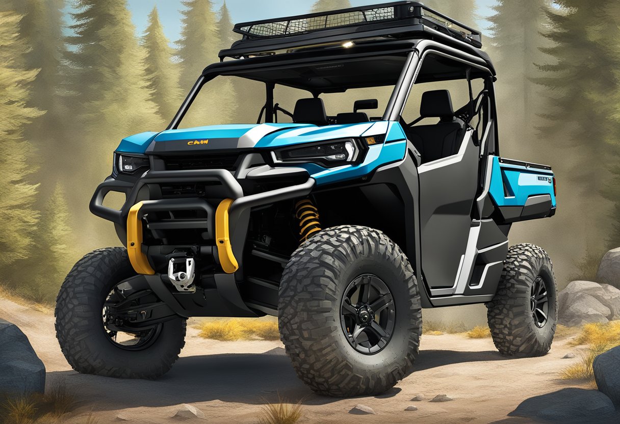 The Can-Am Defender is parked in a rugged outdoor setting, surrounded by various accessories such as a roof rack, winch, and off-road tires