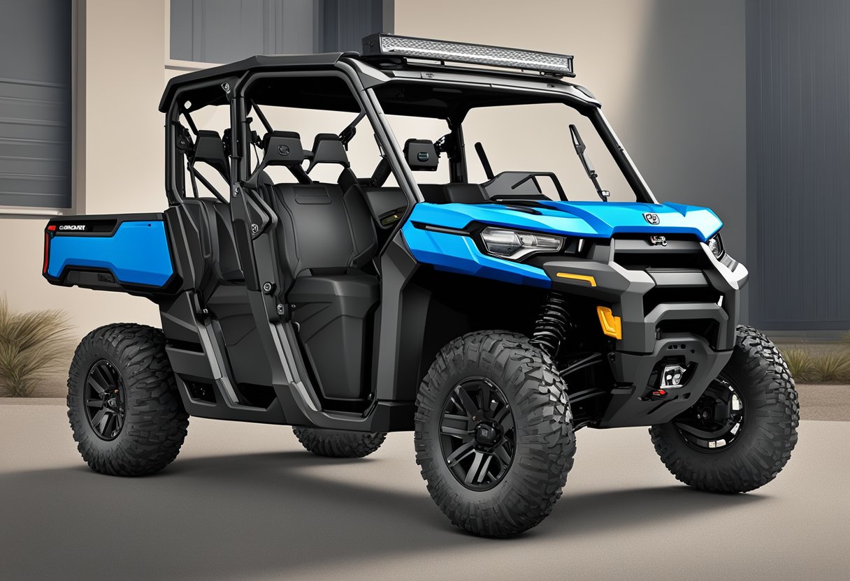 A Can-Am Defender with essential accessories: winch, roof rack, LED light bar, and front bumper guard