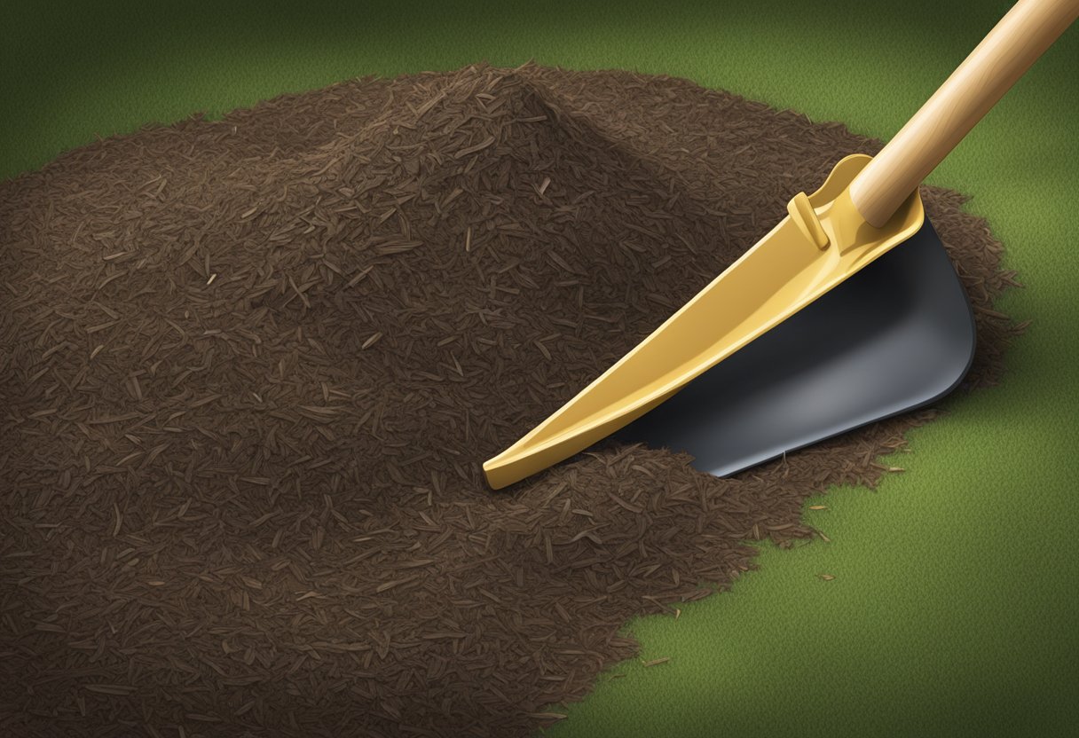 A shovel drops mulch onto the ground. A rake spreads it evenly