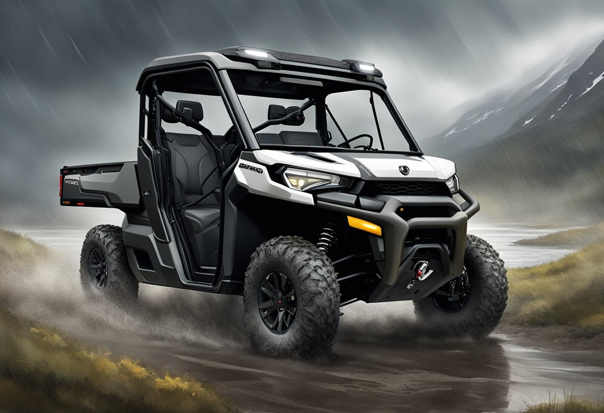 A Can-Am Defender equipped with a rugged roof, windshield, and doors, braving through a stormy terrain, with rain and wind battering against its protective accessories