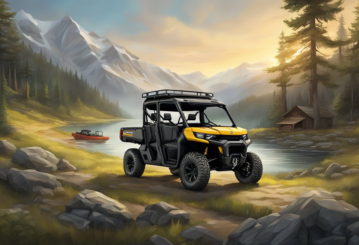 A rugged Can-Am Defender with various accessories, such as a roof rack, winch, and off-road lights, parked in a scenic outdoor setting