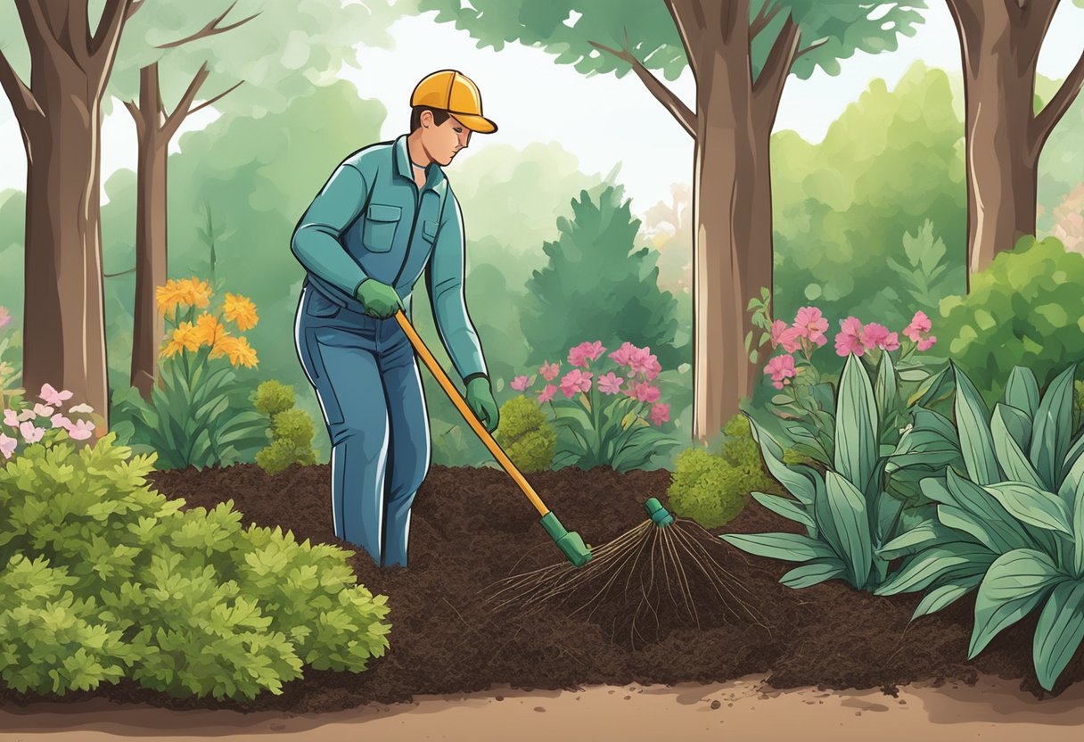 Gardener spreads mulch evenly around plants and trees