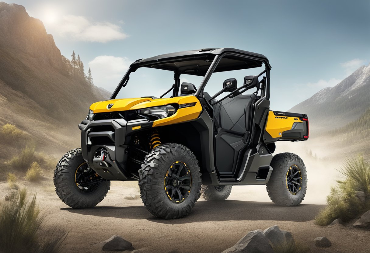 A Can-Am Defender is shown with performance upgrades and accessories installed, enhancing its capabilities and appearance