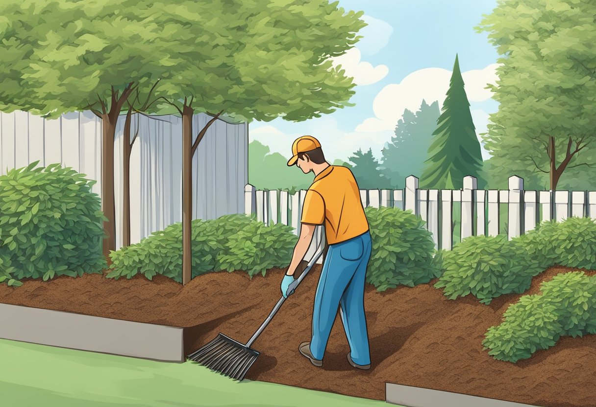 A gardener spreads mulch evenly around plants and trees using a rake and shovel. The mulch is distributed in a thick layer to help retain moisture and suppress weeds
