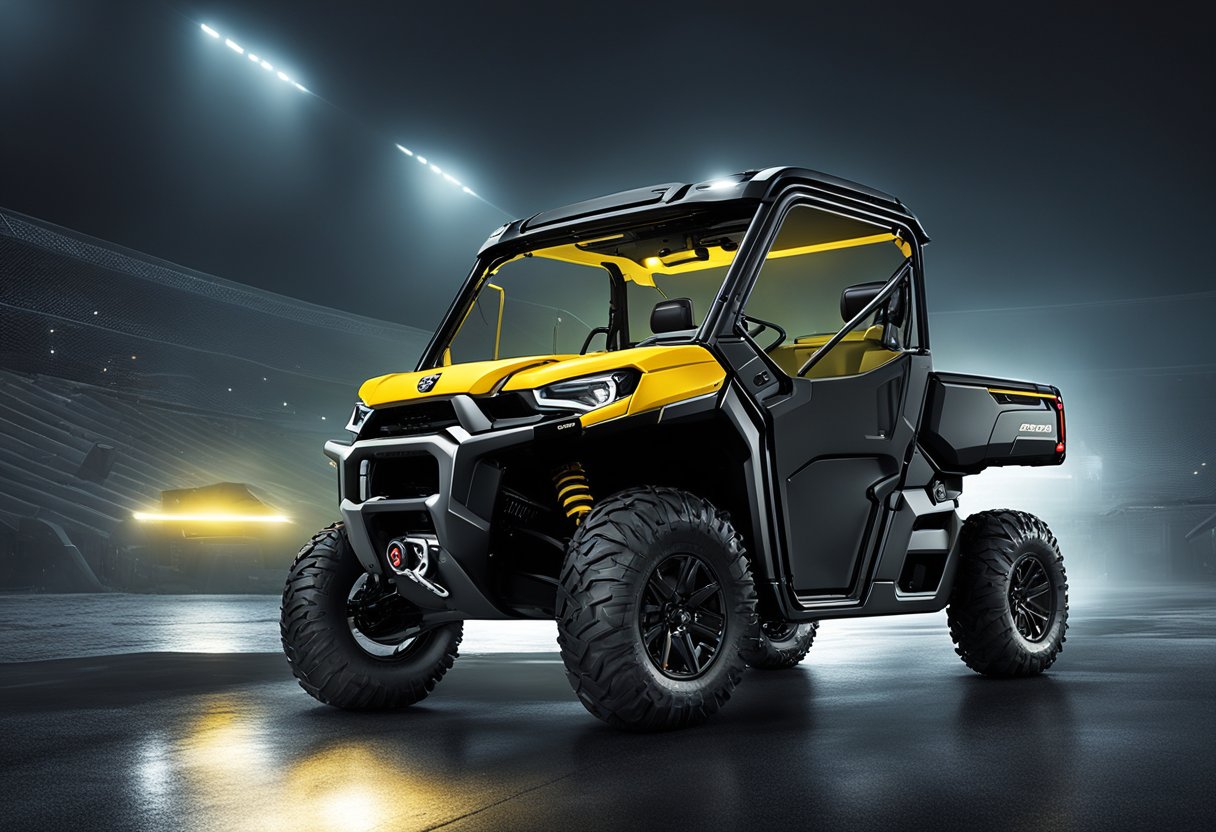 The Can-Am Defender is shown in a dark environment, with bright lights and visibility enhancements shining from the vehicle's accessories