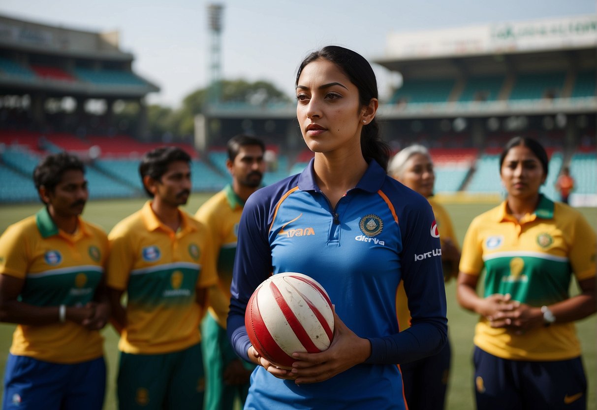 Smriti Mandhana off the field, standing tall, surrounded by family, with a determined look on her face
