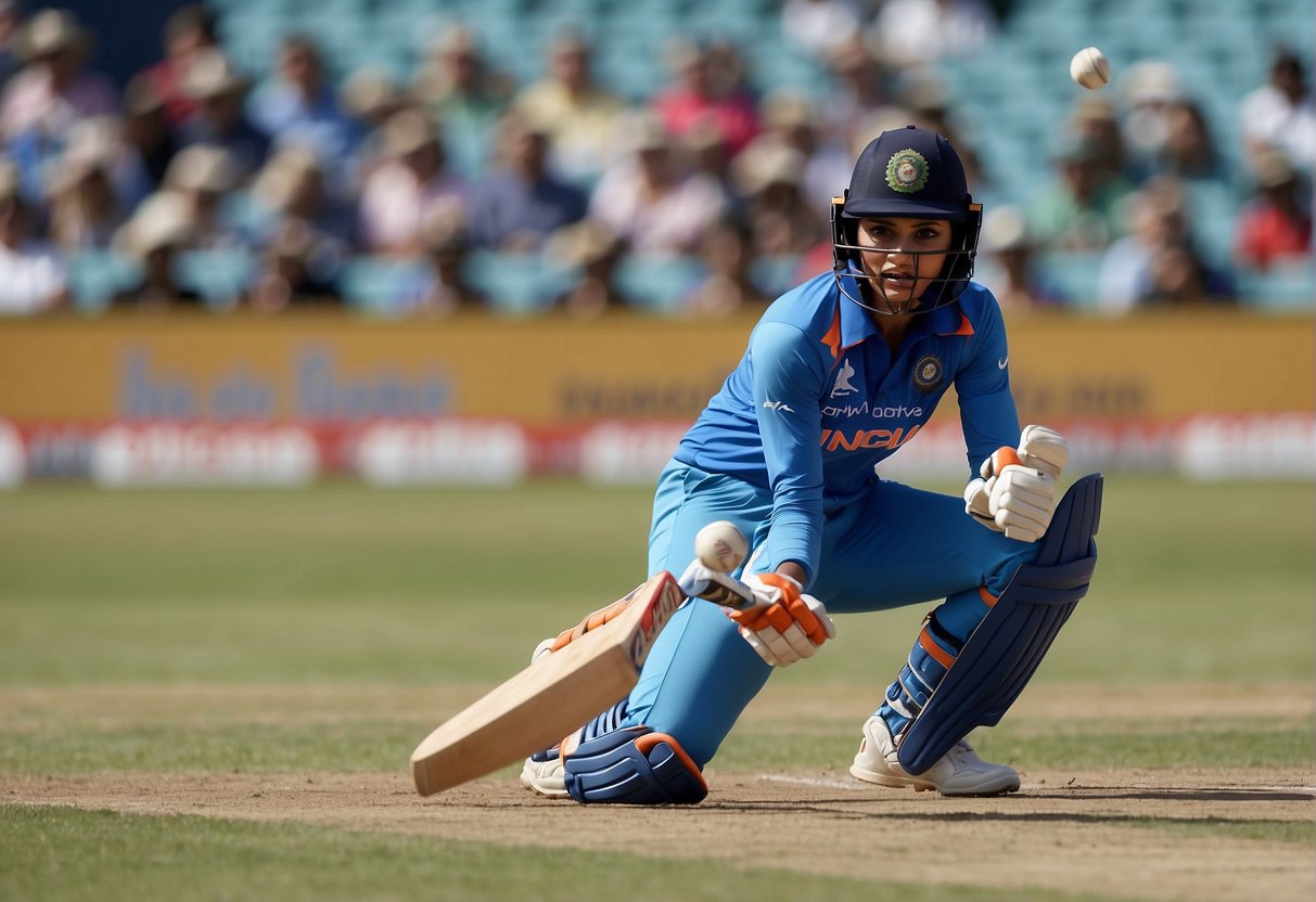 Smriti Mandhana, a dynamic cricketer, stands tall with a powerful stance, ready to unleash her aggressive playing style on the field
