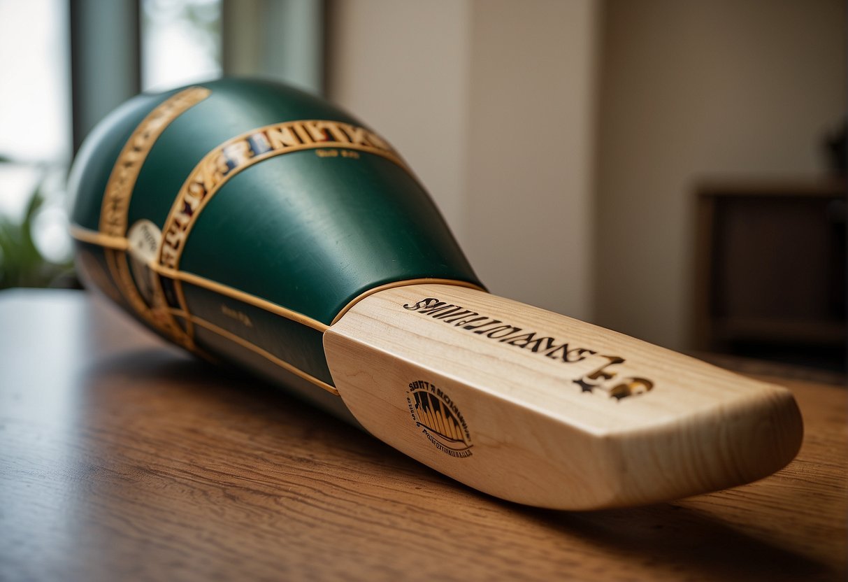 A cricket bat and ball with Smriti Mandhana's name and logo, surrounded by endorsement logos and family photos