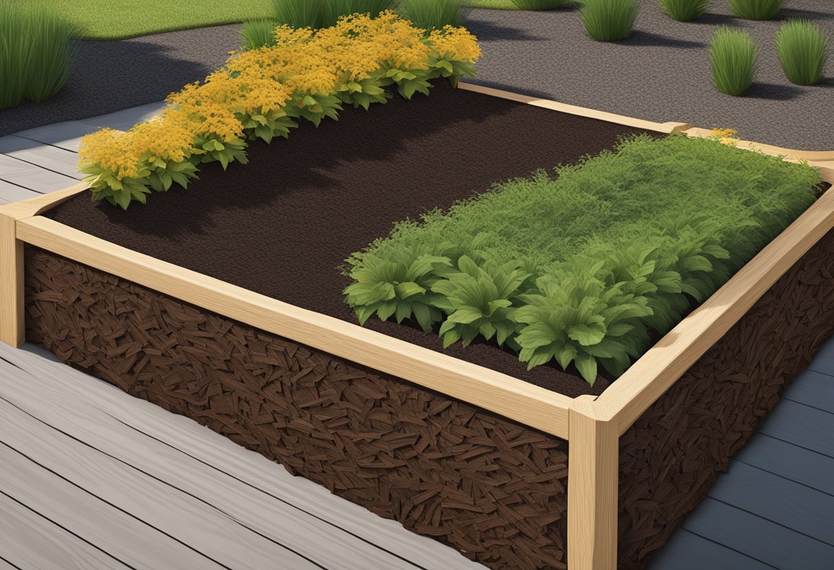 A garden bed split in half, one side covered in dark brown bark mulch, the other in light, textured wood chips