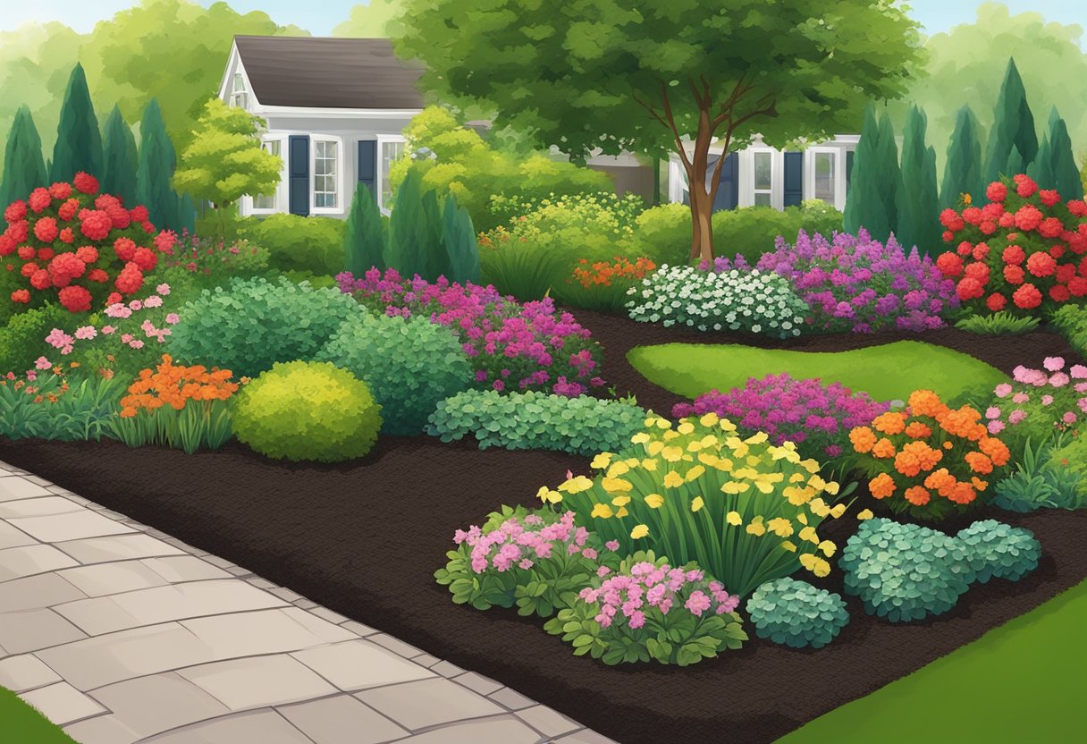 A lush garden with rich, dark mulch covering the soil, surrounding vibrant green plants and blooming flowers. The mulch is evenly spread and provides a neat and tidy appearance to the garden bed