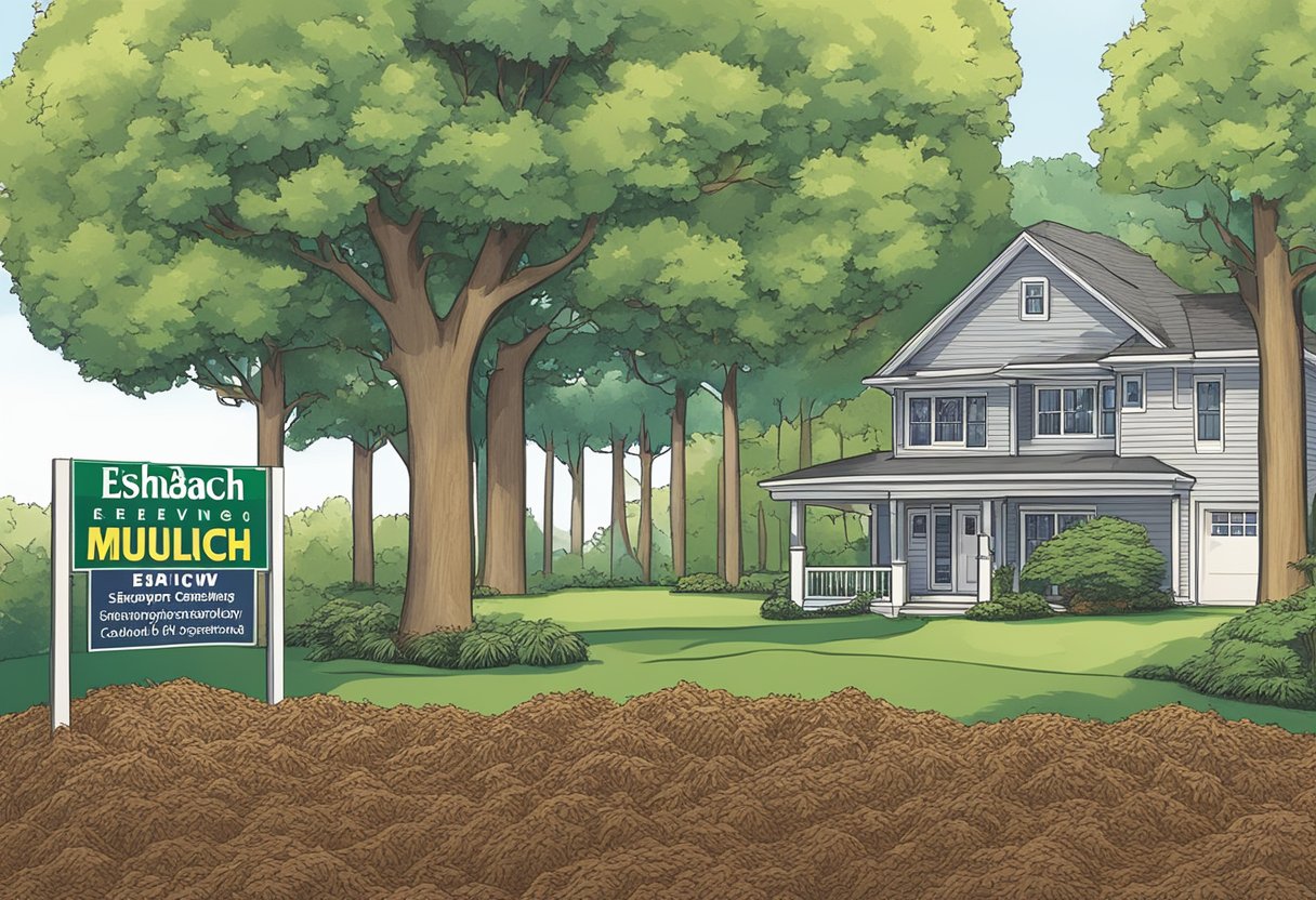 A pile of mulch sits in front of a sign reading "Eshbach Mulch Review." Surrounding trees and landscaping suggest a gardening or landscaping setting