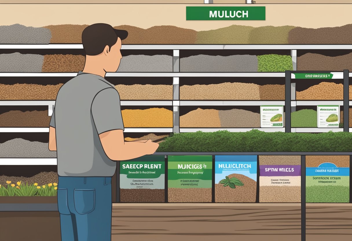 A customer browsing different mulch options displayed on shelves in a garden supply store. Labels indicate prices and types of mulch available for purchase