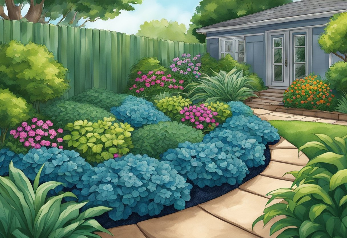 A garden bed with blue mulch, surrounded by vibrant green plants. The mulch retains moisture, suppresses weeds, and adds a pop of color to the garden