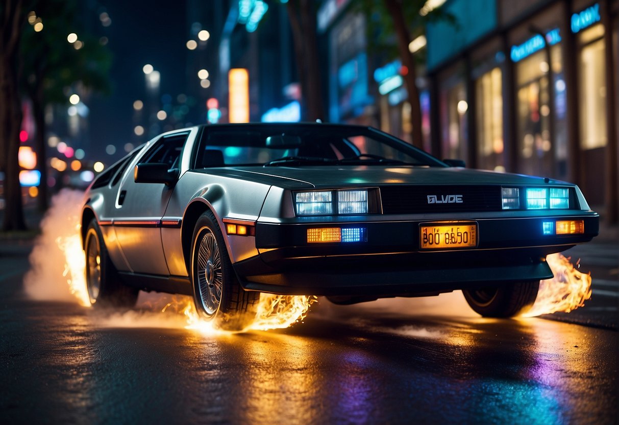 A DeLorean time machine speeds through a neon-lit city street, leaving trails of fiery tire marks as it disappears into the past