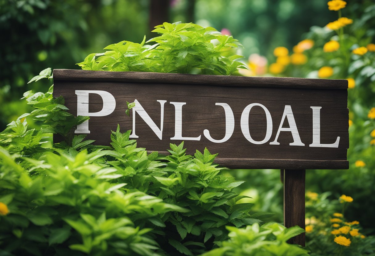 A rustic wooden sign with "Pinjol Legal" painted in bold letters, surrounded by lush green foliage and colorful flowers